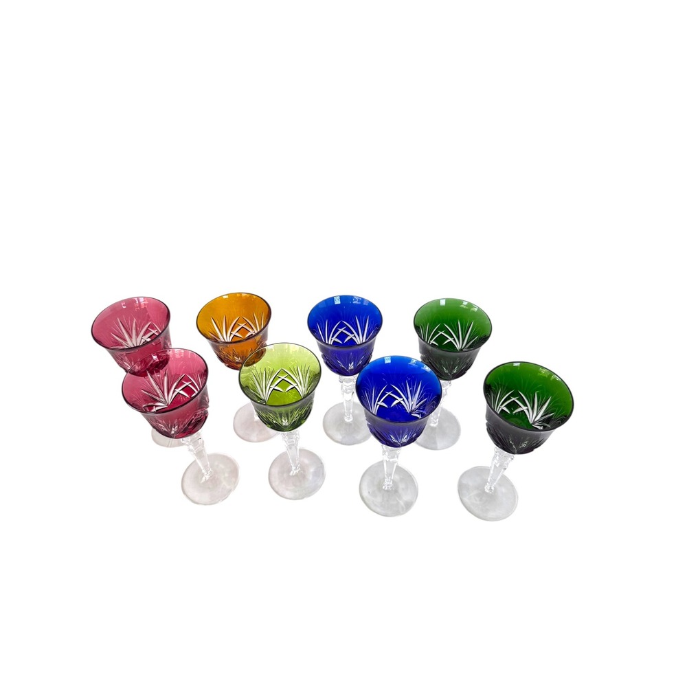 Vtg Gorham Cherrywood Cut to Clear Crystal Hock Wine Glasses Jewel Tones 8 pcs.